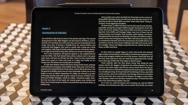 The Alexa Tablet 12 Pro displaying a chapter from the Lord of the Rings.