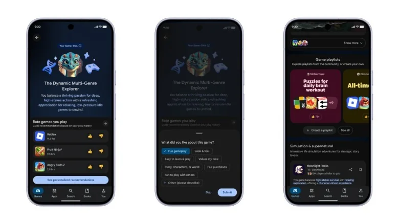 The Gamer DNA and Game Playlists in the Play Store's new Game Finder feature.