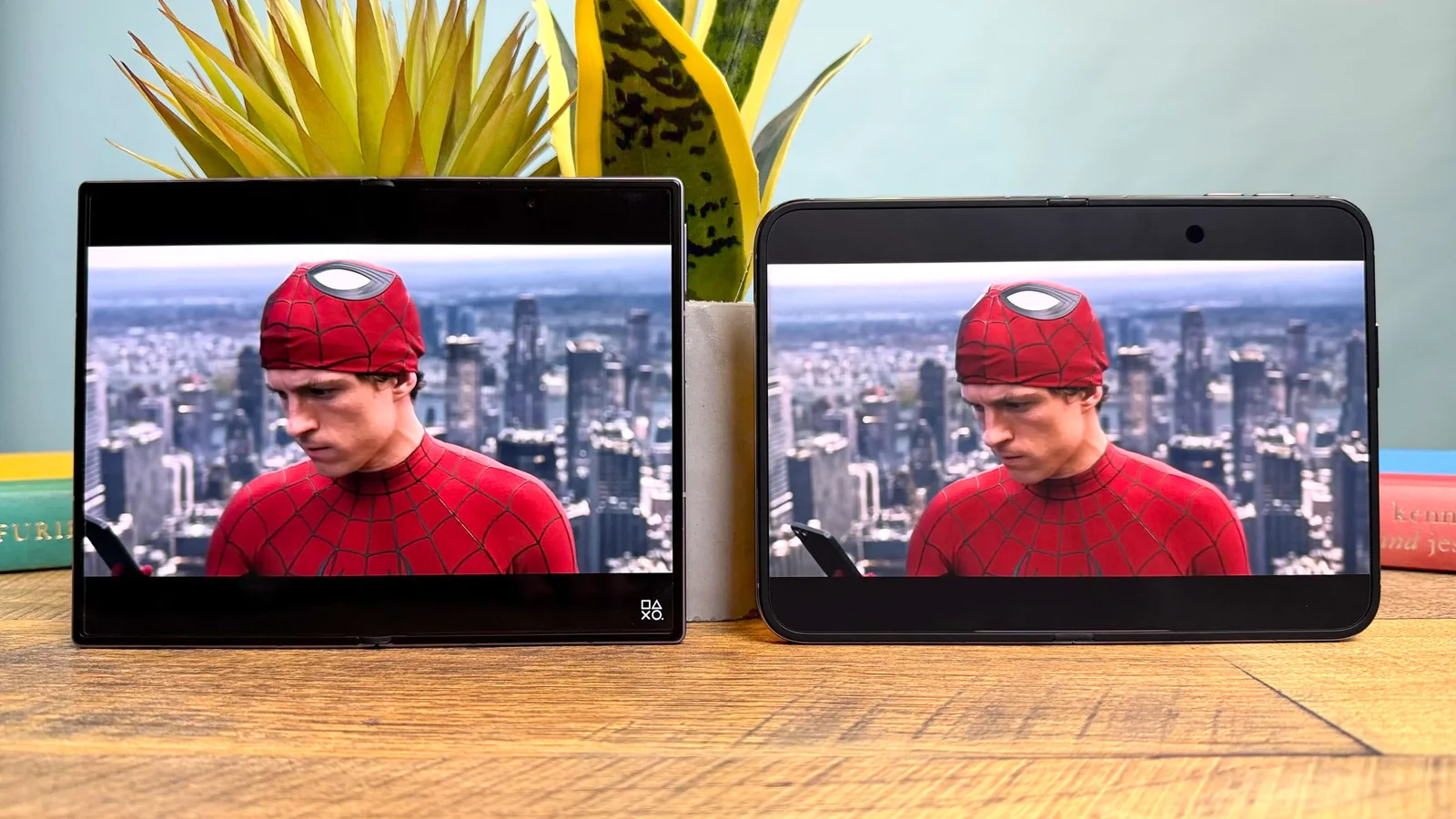 iPhone Duo vs Galaxy Z Fold 8 display showing Spider-Man Brand New Day