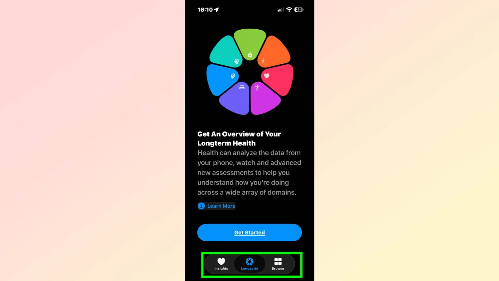 Insights, Longevity, and Browse highlighted in iOS 27.2 beta Health app on iPhone
