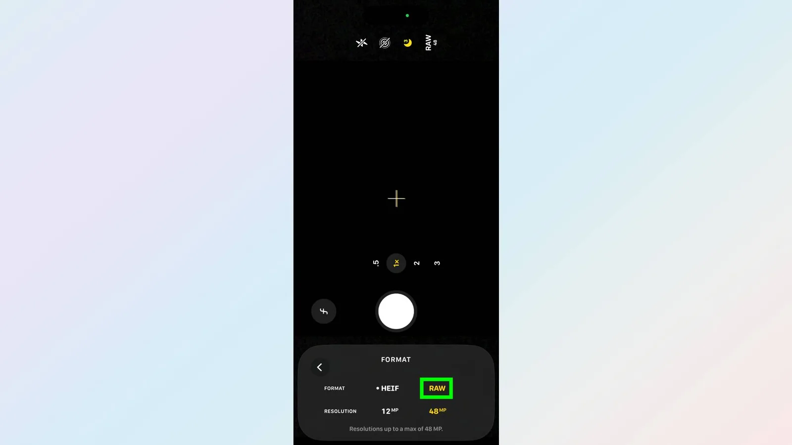 RAW turned on in iPhone 15 Pro camera settings