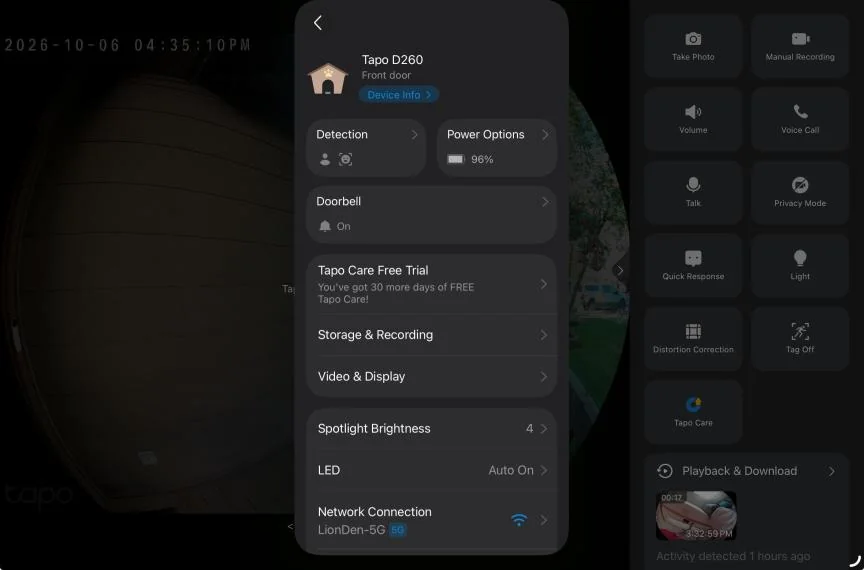 Tapo app showing doorbell settings.