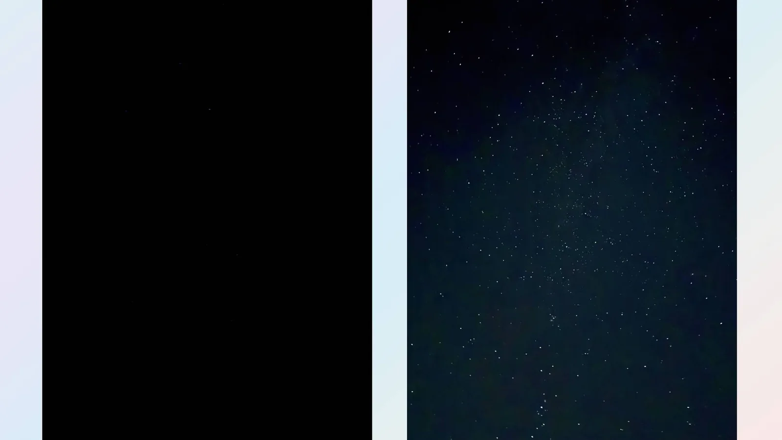 Before and after iPhone astrophotography: a sharp, detailed night sky captured using a short timer and raw photo mode.