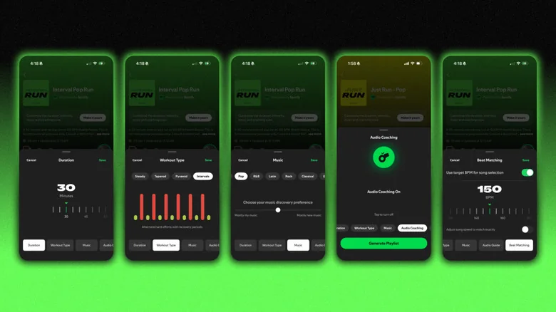 Various screenshots of features within Spotify's Running Mode.