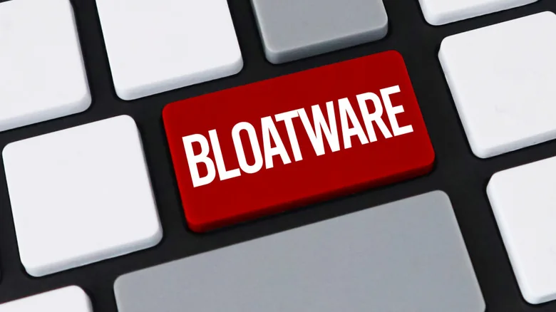Render of red "bloatware" button on computer keyboard.