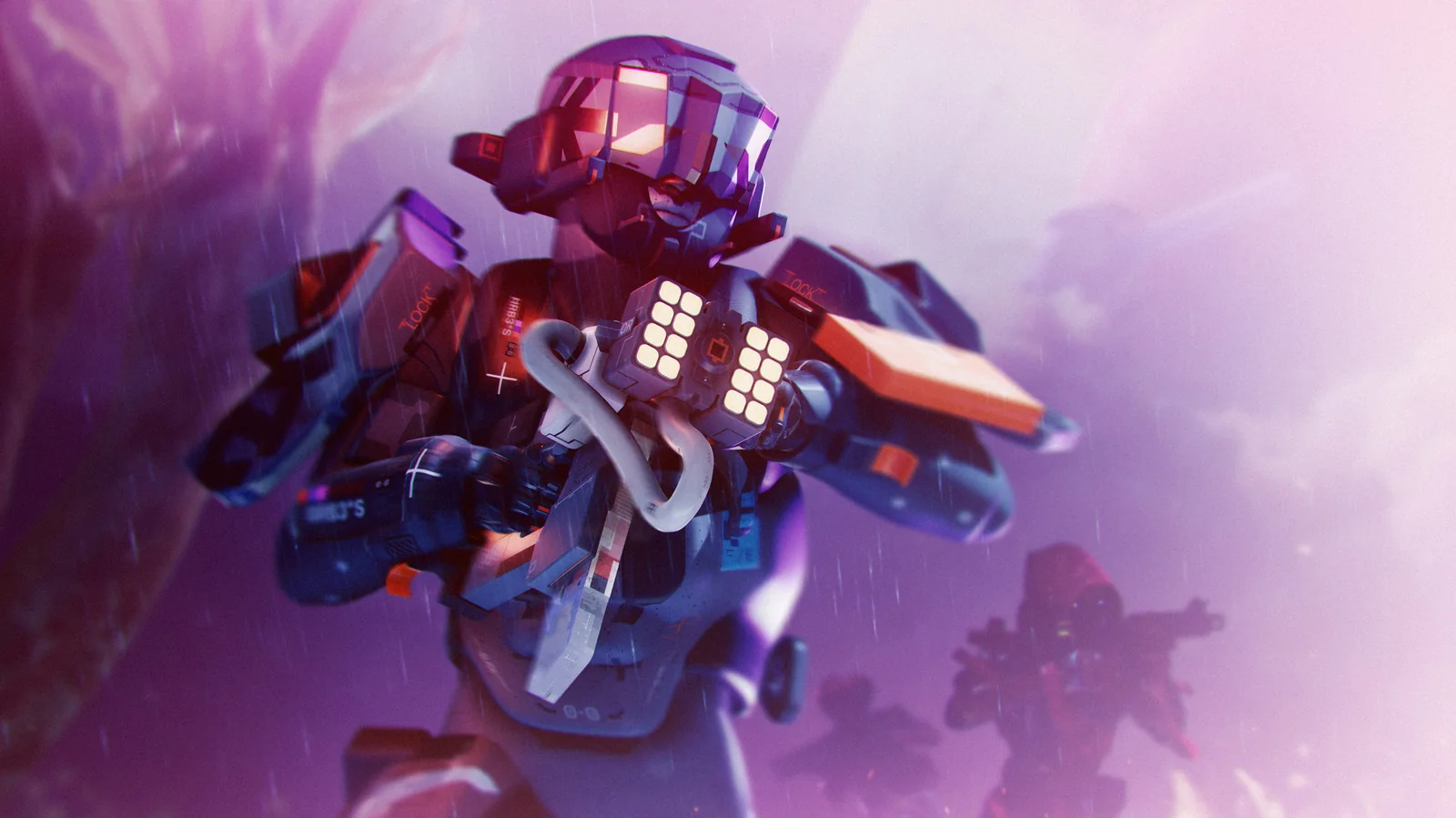 Screenshot from Marathon showing a figure with futuristic sci-fi gear and weaponry advancing ahead of a teammate.