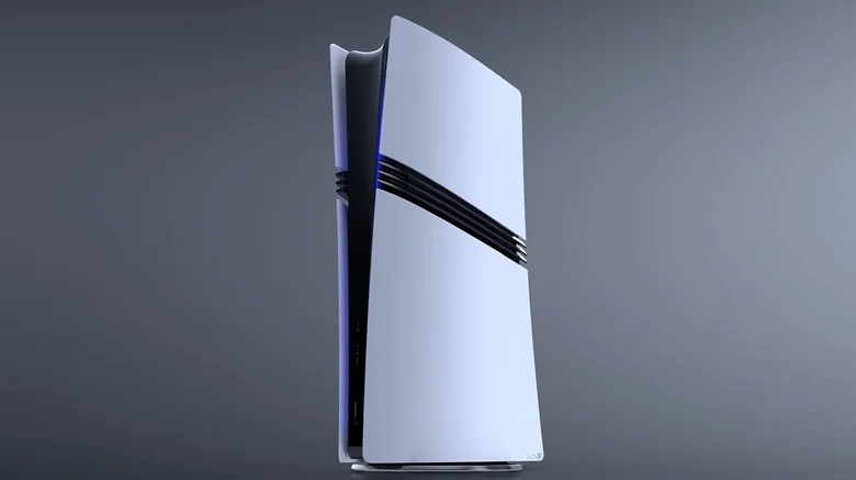 A slick white PS5 Pro with blue lights glows against a dark grey background.