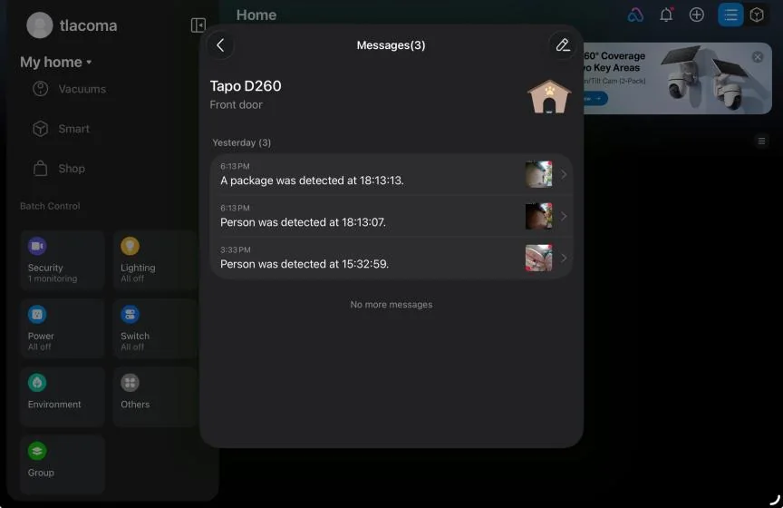 Tapo app showing video recordings.