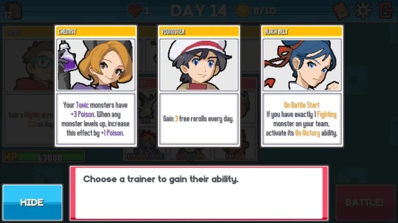 Trainer choices and abilities in Batomon Showdown