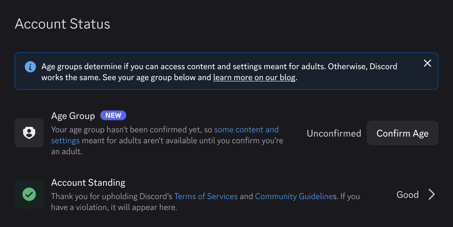 A screenshot of the Age Groups settings in Discord.