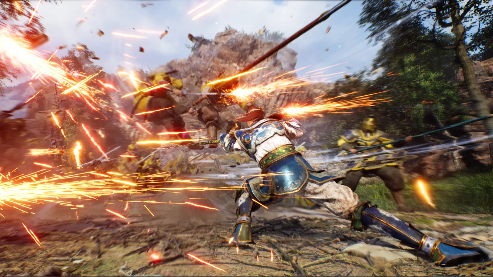 Dynasty Warriors 3: Complete Edition Remastered screenshot showing officer Zhao Yun counter a group of enemies with spear thrusts