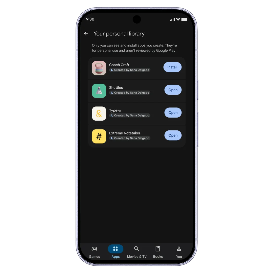 You can view your library of personal apps from the Play Store.