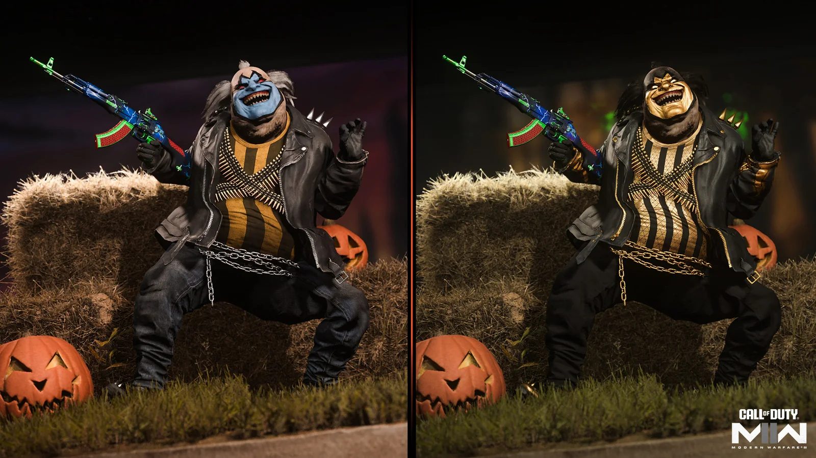 Promotional images of Call of Duty Modern Warfare II's "Creepy Clown" skin.