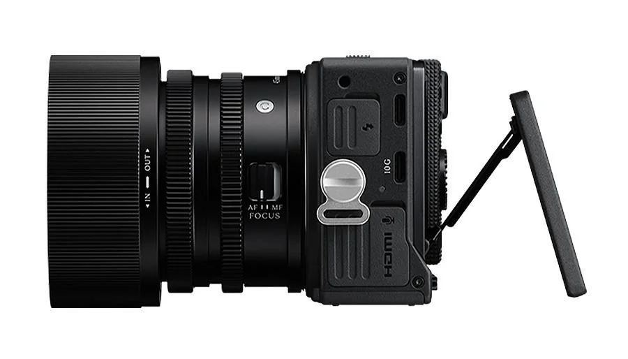 A side-profile shot of the Sigma FP2 camera with its articulated screen extended.