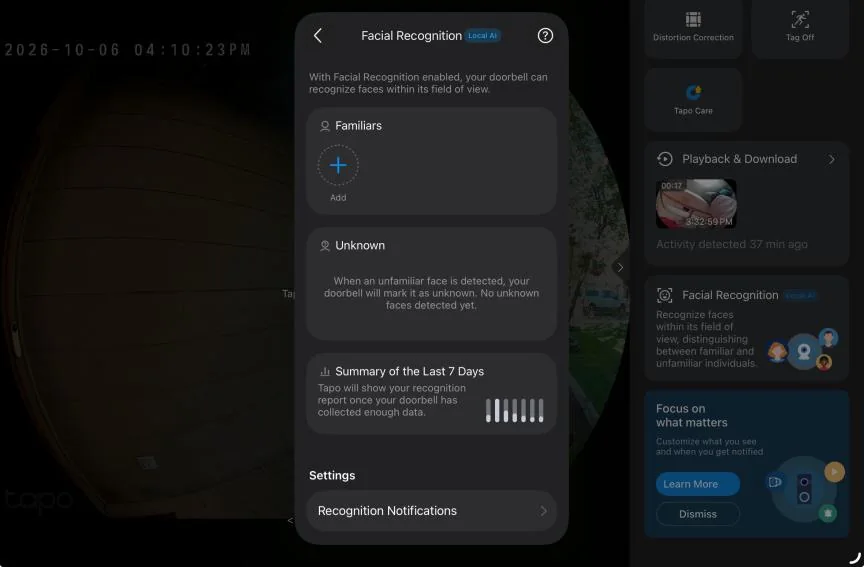 Tapo app showing familiar face detection options.