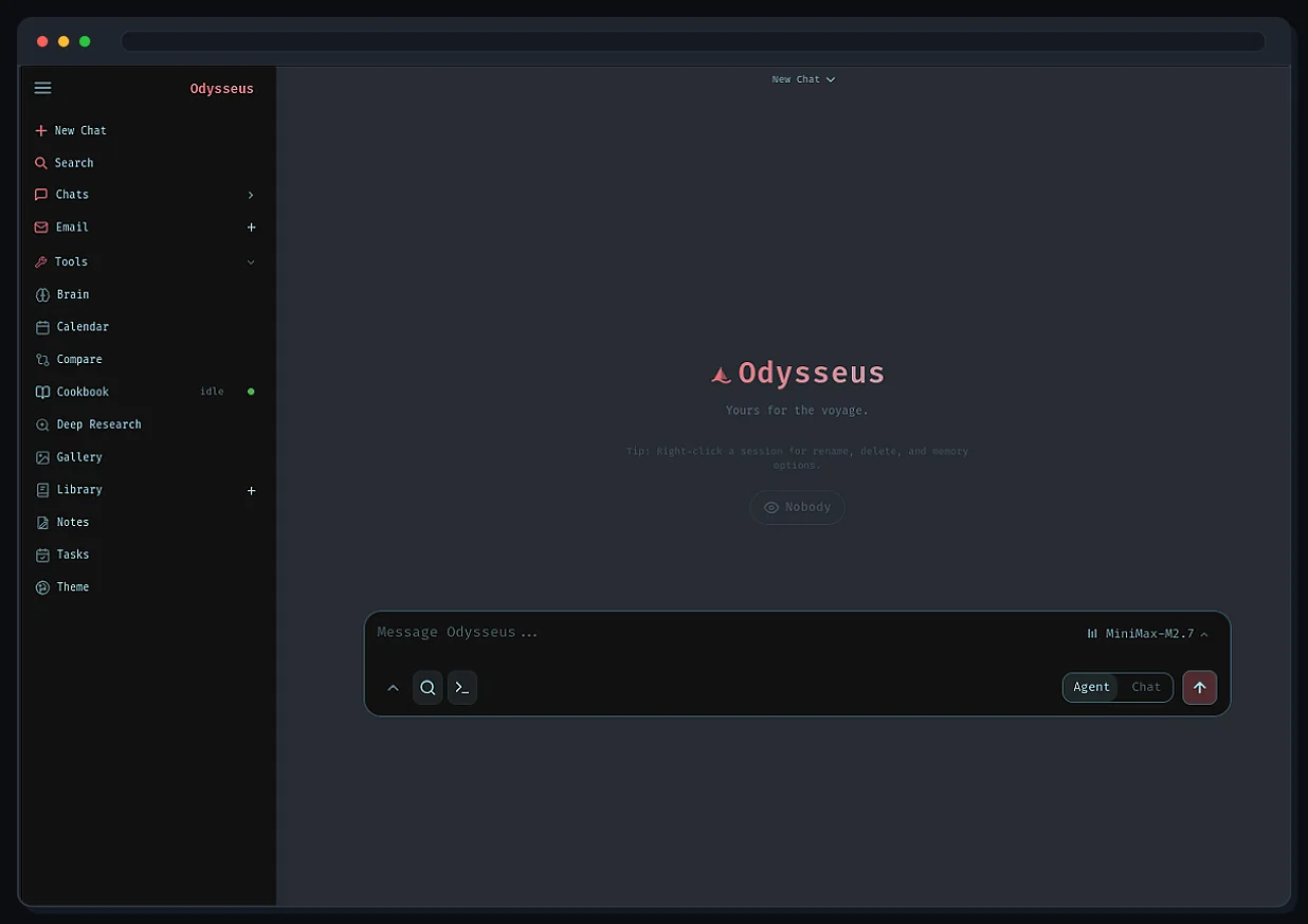 The Odysseus self-hosted AI workspace in a dark theme, with a sidebar of tools beside an empty chat box