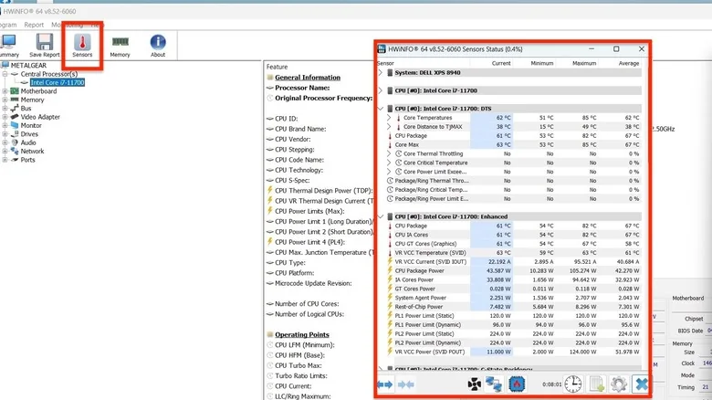 A screenshot of HWiNFO highlighting the Sensors tab and showing the CPU temperature window.