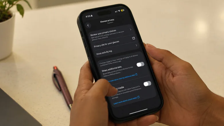 The Meta AI app's "Glasses privacy" screen showing "Share additional data" turned off.