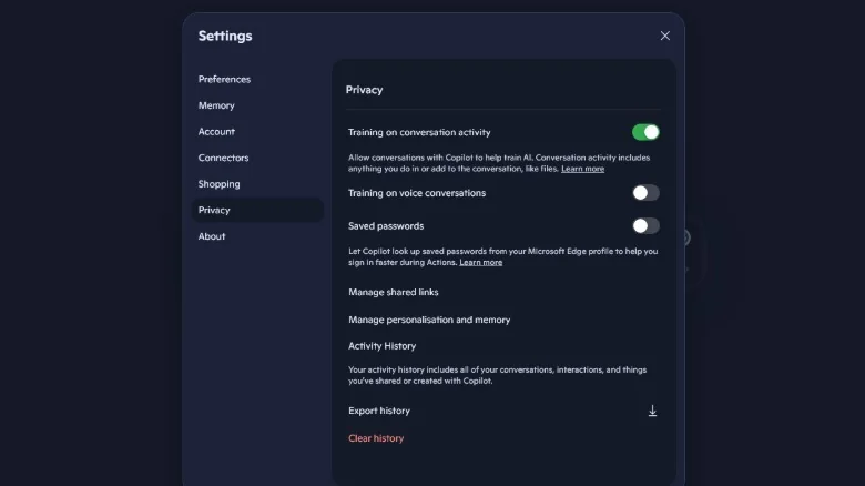 Copilot data toggle settings.
