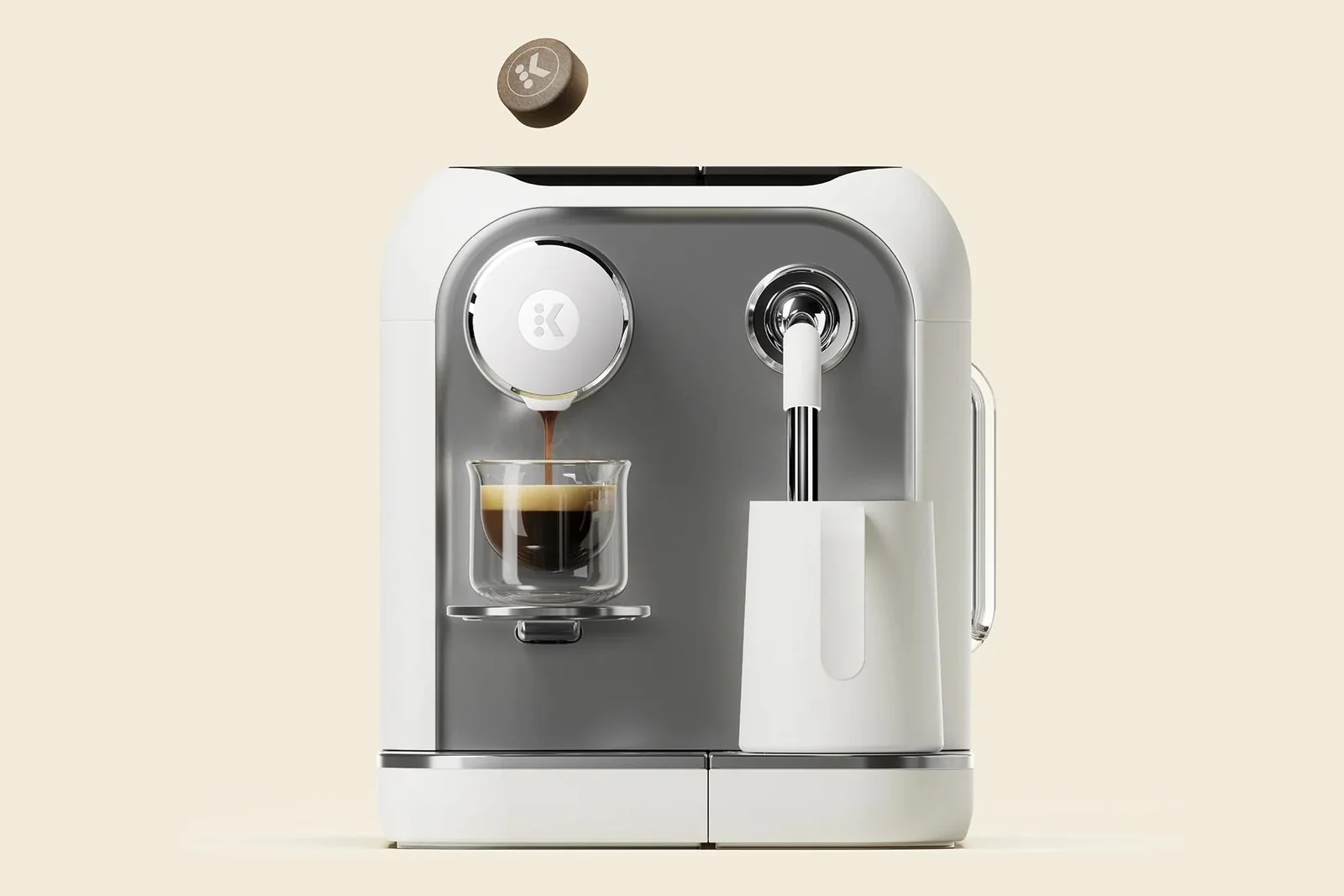 An AltaRounds coffee pod dropping into Keurig’s Alta coffee maker.
