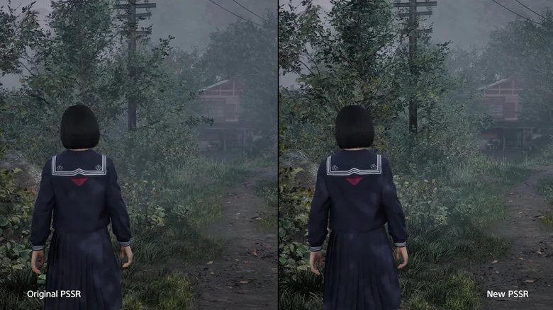 A split screen shows a woman from behind in a dark wood, where a house sits in the background. The image on the right is brighter due to PlayStation's New PSSR AI enhancement.