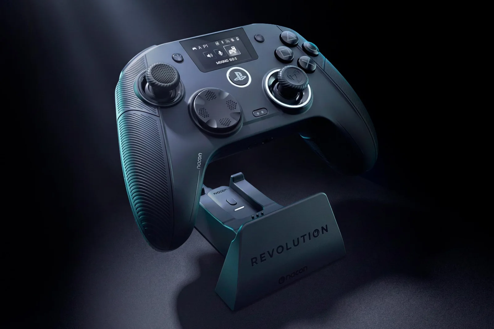 The Nacon Revolution 5 Unlimited controller lowering onto a charging dock.