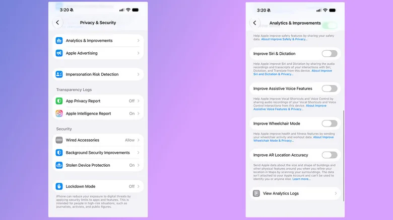 A pair of screenshots showing how to disable Siri training.