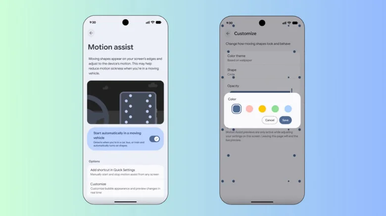 The Motion Assist settings and customization menu on an Android device.