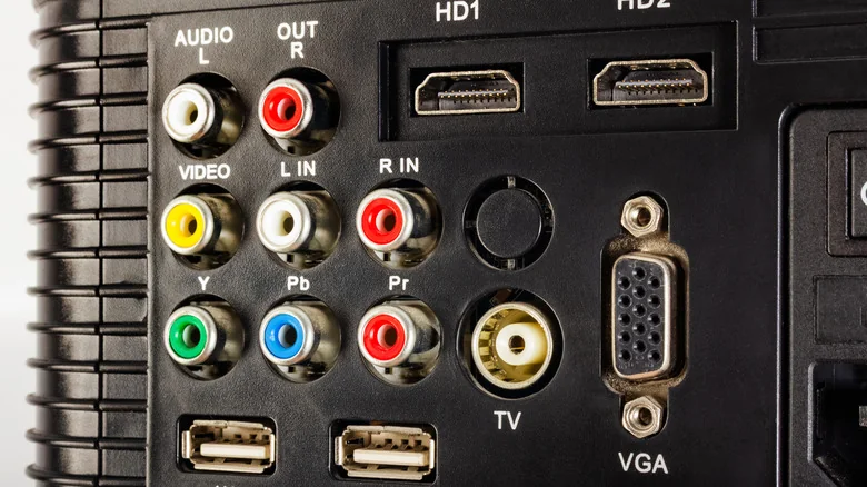 Input socket panel interface with HDMI, USB, VGA and RCA inputs.