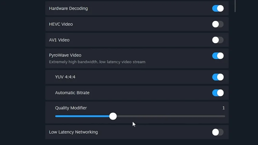 A screenshot of Steam's Remote Play settings showing the new Pyrowave option.