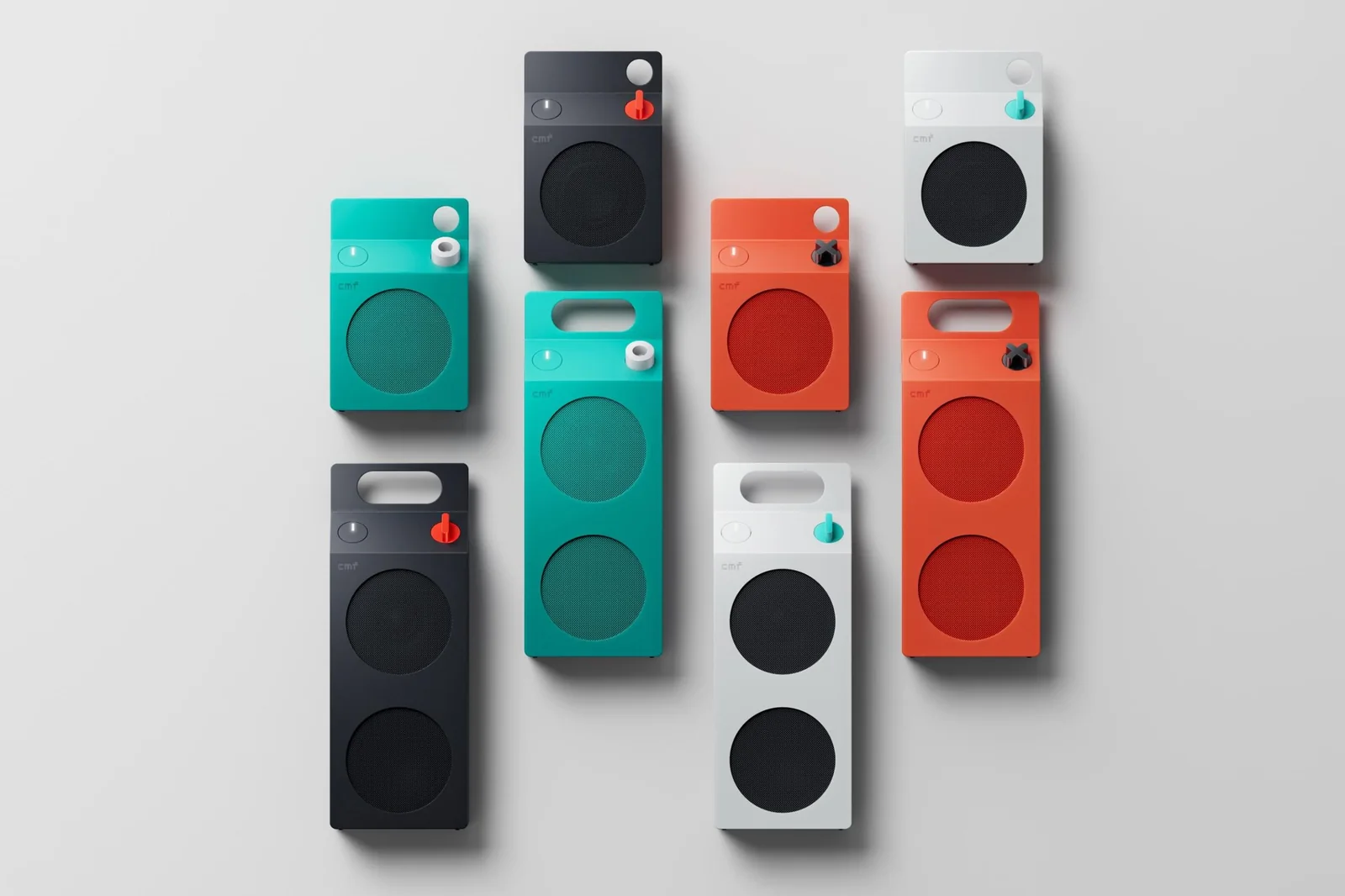 Several versions of the CMF Speaker S and M in the four different color options.