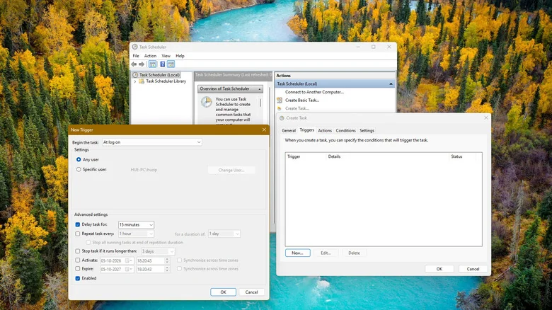 Screenshot of Windows 11 Task Scheduler New Trigger window, set to run at logon with a 15-minute delay.