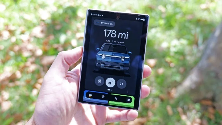 The Rivian app as seen on a Samsung Galaxy Z Fold 8.