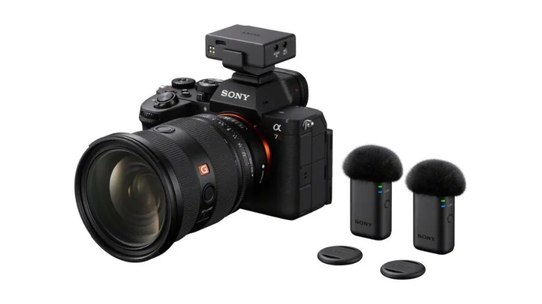 The ECM-W5 attached to a Sony camera with accessories on the side.