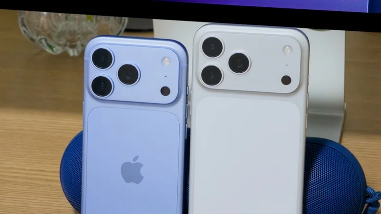 Blue iPhone 18 Pro next to a silver iPhone 17 Pro Max.