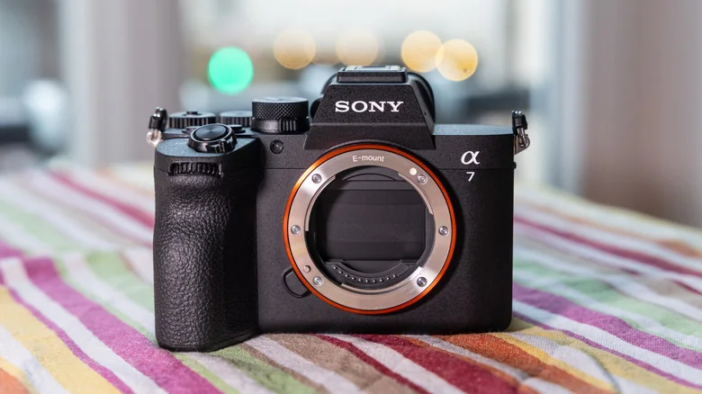 Sony's mainstream A7 V full-frame mirrorless camera shown with the lens off.