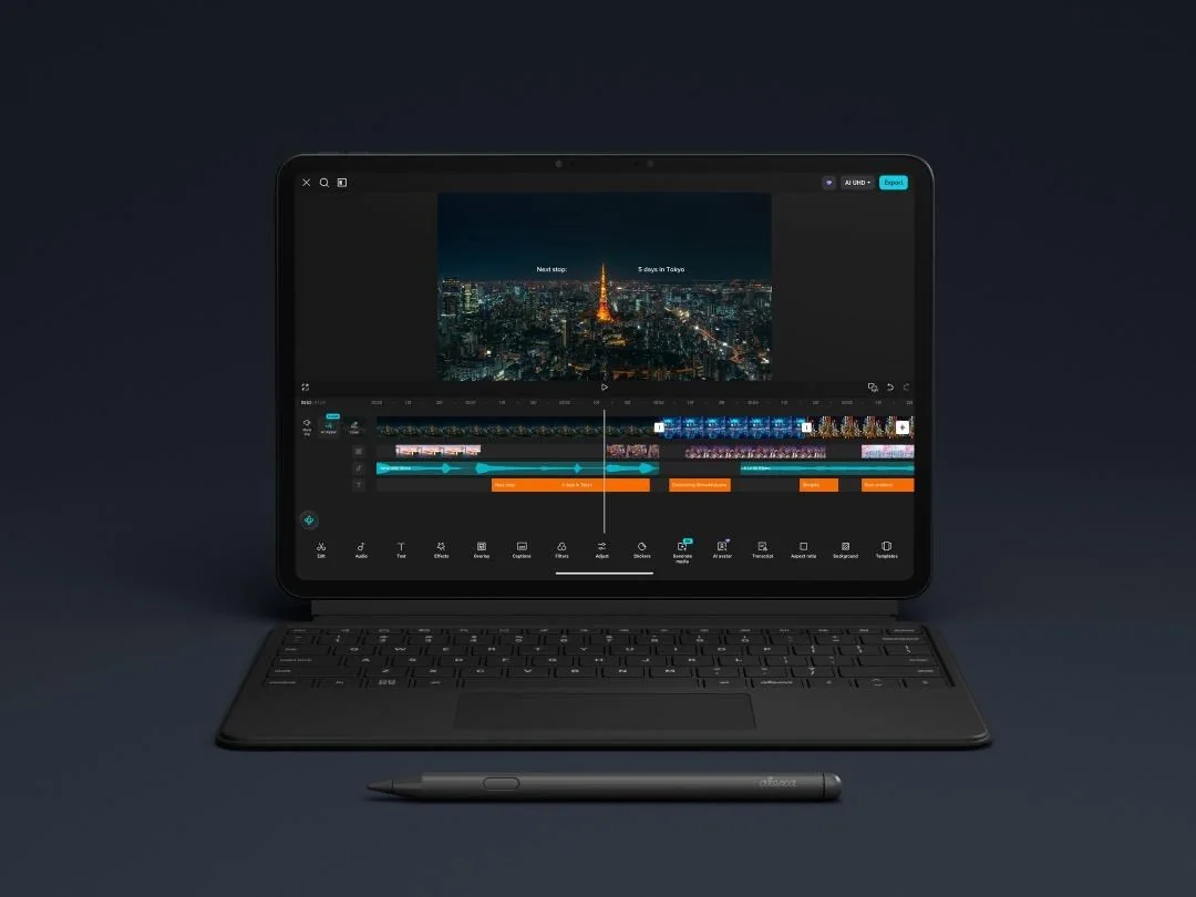 A photo of an Alexa Tablet with the keyboard case and stylus.