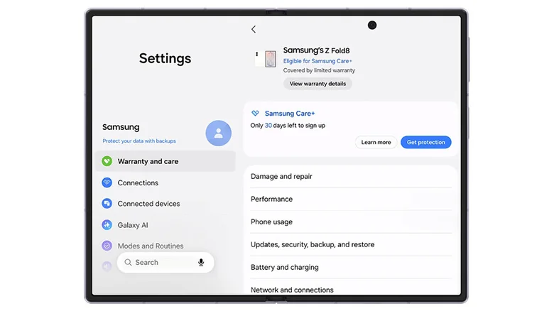Screenshot of the "Warranty and care" Settings menu on a Samsung foldable.