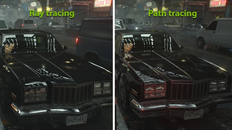 Ray tracing vs. path tracing in Resident Evil Requiem, shown in the reflections on a car.