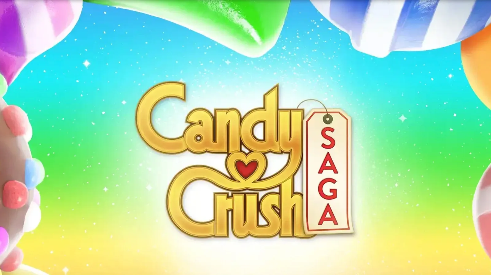 Screenshot of the landing page for Candy Crush Saga. Festive colors and fancy fonts.