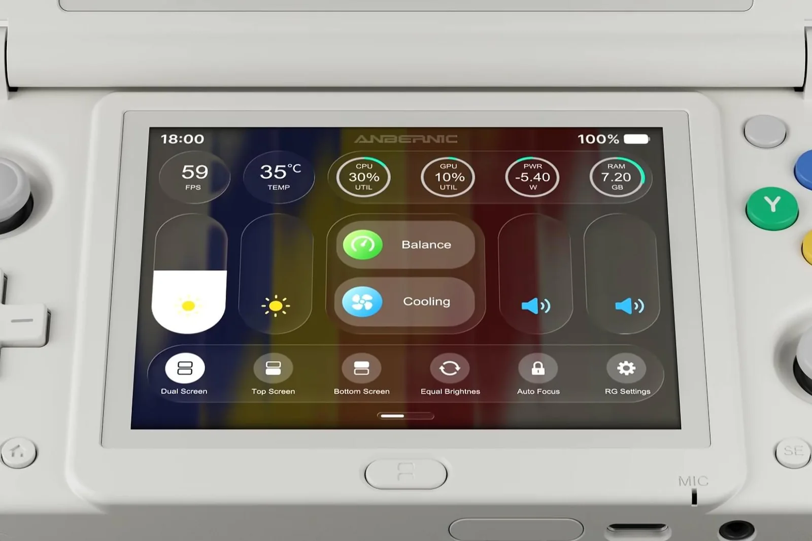A close-up of the Anbernic RG DDS’ new control center running on the handheld’s bottom touchscreen.
