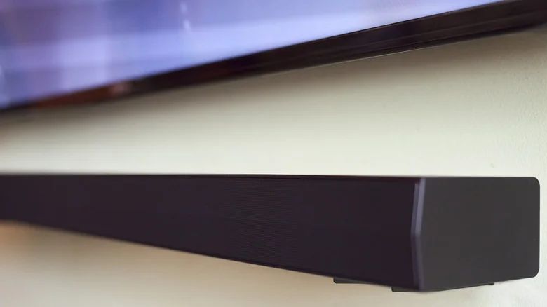 A close-up look at a mounted soundbar.