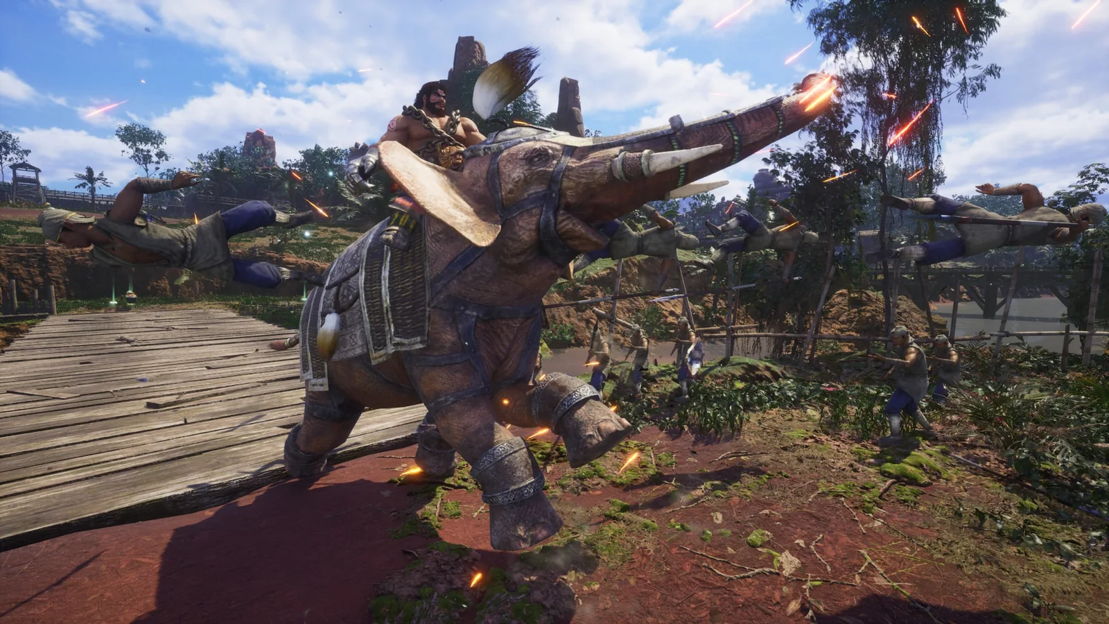 Dynasty Warriors 3: Complete Edition Remastered screenshot showing officer Meng Huo riding a war elephant into battle