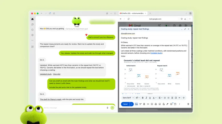 A screenshot showing a Dot named Todd helping the user draft an email.