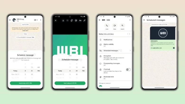 New WhatsApp screens showing message scheduling feature