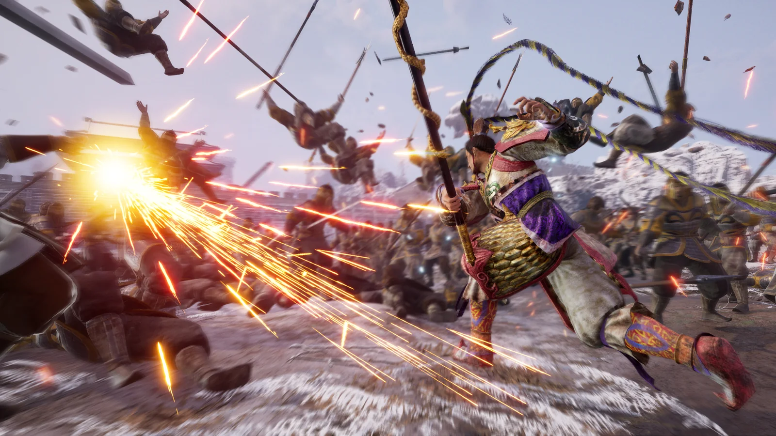Dynasty Warriors 3: Complete Edition Remastered screenshot showing officer Lu Bu charge head-on into an army of peons