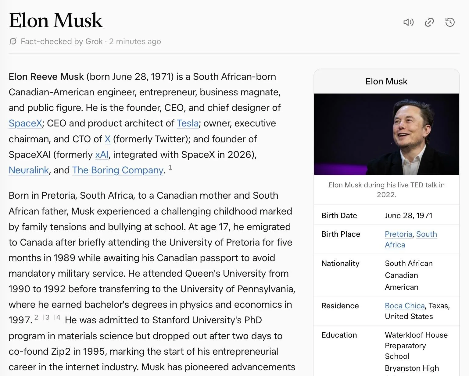 A screenshot of a Grokipedia v0.3 article text for Elon Musk.