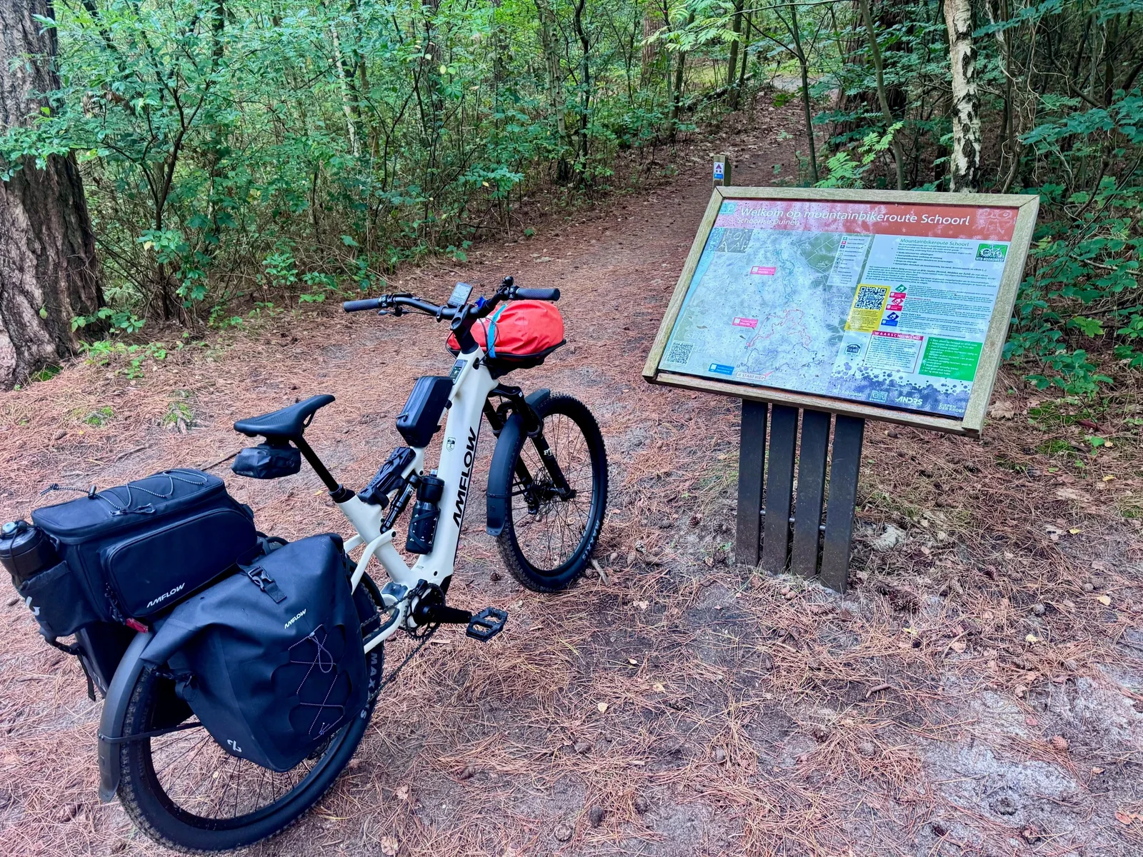 <em>Entry point of a rather technical single track littered with tree roots near the Dutch town of Schoorl. The fully loaded Amflow TL crushed the notorious hill climb that defeated me a few years ago on my hardtail.</em>