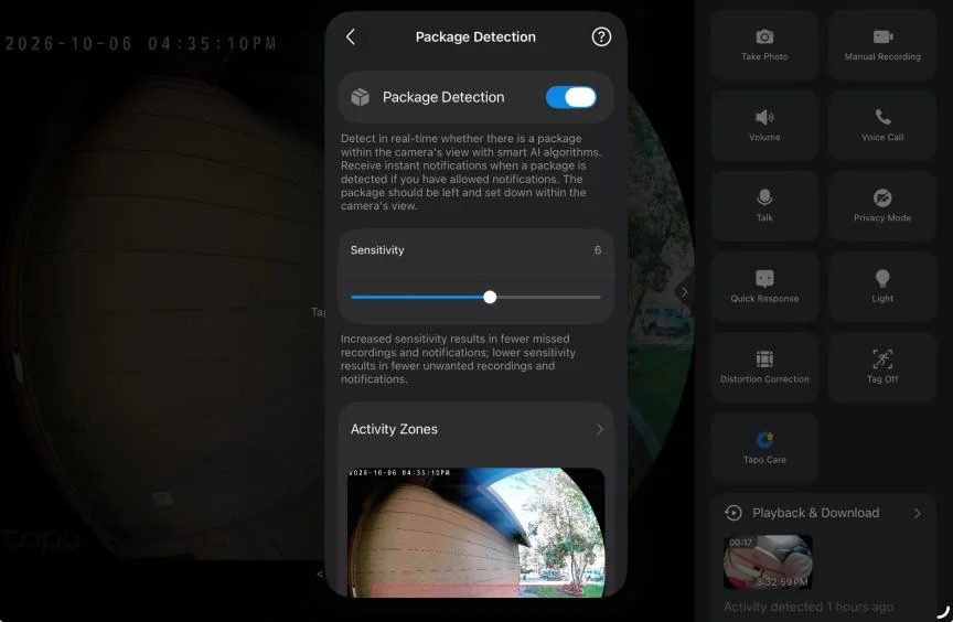 Tapo app showing package detection options.