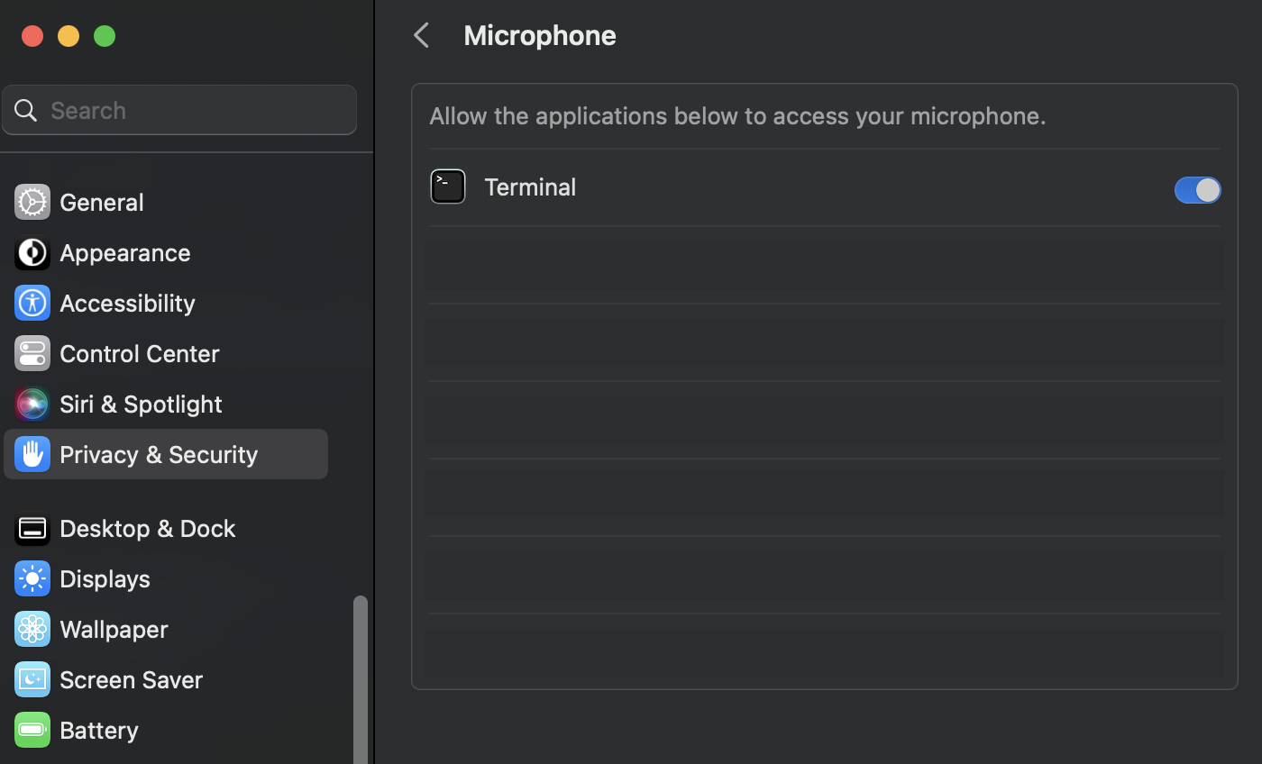 macos > settings > privacy security > microphone